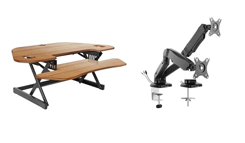 Rocelco 46" Height Adjustable Corner Standing Desk Converter with Dual Monitor Arm Mount Bundle - Sit Stand Up Tabletop Computer Workstation Riser - Extra Large Keyboard Tray - Teak (R CADRT-46-MA2) - color: Teak/Black, style: Riser + Premium Dual Mount