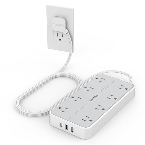 TESSAN Power Strip Surge Protector, 6FT Flat Plug Extension Cord | 8 Outlets 3 USB Charger 1 USB C, 1080 Joules Protection, Wall Mountable for Home Office School Dorm Room Essentials, Gray - color: Gray, size: 6FT-1080J surge protection