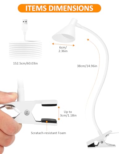 LiFMIRA Desk Lamp Clip on Light USB Reading Light 3 Color Modes White | 10 Dimmable Brightness Eye Care Clamp Desk Lamp Flexible Gooseneck Book Light for Reading in Bed and Desk - color: White