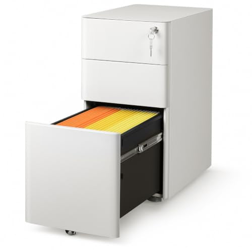 DEVAISE 3 Drawer File Cabinet on Wheels, Fully Assembled Except Casters | Slim Metal Filing Cabinet with Lock, Under Desk Storage Cabinet for Letters/Legal/A4 - White - color: White, size: 11.8"W x 17.7"D x 23.2"H