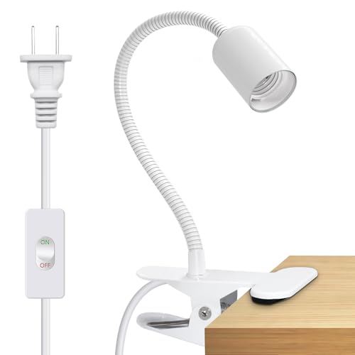 Clip on Desk Lamp, White Clip Lamp Holder with 220 CM Switch and Plug Cable, Clamp Light Socket with Metal Clamp, 9-350 MM Thickened Lengthened Gooseneck Light, E27 Lamp Holder, for Home Office - color: all white-1pc