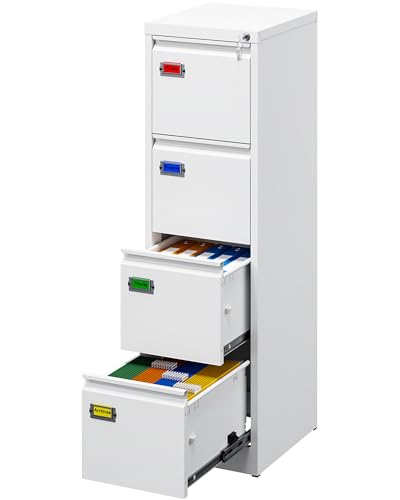 PEUKC 4-Drawer File Cabinet, 16.3" Deep Vertical Filing Cabinet with Lock, Metal File Cabinet for Home Office Furniture, Anti-Tip 4 Storage Drawers for Letter/Legal/F4 Size (Assemble Required, White) - color: White, size: 52.4"H