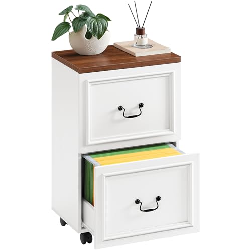 MAHANCRIS 2 Drawer File Cabinet, Rolling File Cabinet for Home Office, Wooden Under Desk Storage, Printer Stand with Drawers, for A4/Letter-Size Files, White and Walnut FCBA3801 - size: 2 Drawer