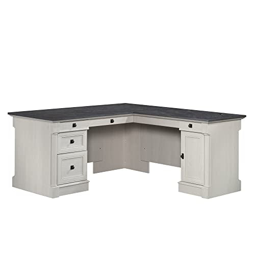 Sauder Palladia L Shaped Desk with Drawers, Office Desk with File Cabinet Storage, Cable Management, Keyboard Tray, in Glacier Oak Finish - color: Glacier Oak