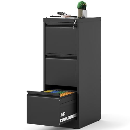 3 Drawer File Cabinet with Lock, 18" D Metal Vertical Filing Cabinets for Home Office, Heavy-duty Steel Narrow Locking Storage Cabinet,Hanging A4 F4 Legal Letter Size,Assembly Required Black - color: Black, size: 3 Drawers