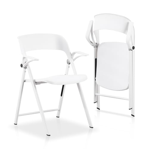 KAIHAOWIN 2 Pack Plastic Folding Chair with Armrest, Heavy Duty Foldable Chairs with Steel Frame Commercial Stackable Guest Chairs for Indoor and Outdoor-White - color: White X 2