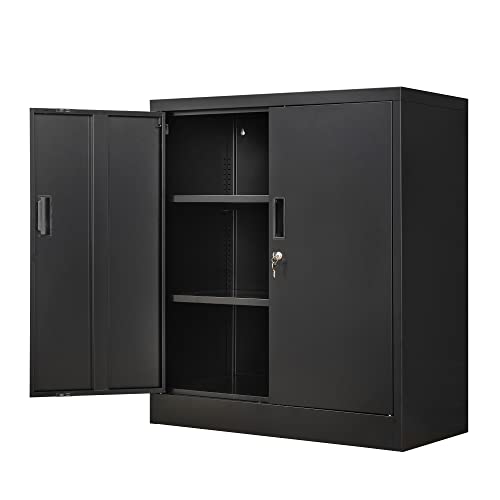 Wanfu Metal Storage Cabinet, 36" H Locking Storage Cabinet with 2 Adjustable Shelves, Metal Cabinets for Garage, Home, Office, Utility Room-Black - color: Black, size: 36.2" H x 32" W x 16" D