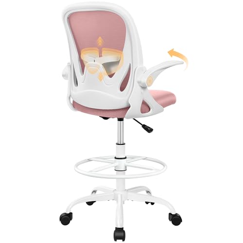 Primy Drafting Chair Tall Office Chair with Flip-up Armrests Executive Ergonomic Computer Standing Desk Chair with Lumbar Support and Adjustable Footrest Ring (Rose Quartz) - color: Rose Quartz, size: 934-Z