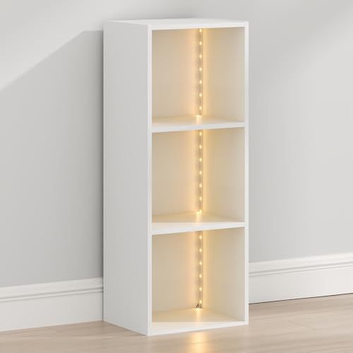Furinno LUDER Book Shelf with LED Lights, 3-Cube Bookshelf, Bookcase, 9.3 x 12 x 31.5, for Home Office, Living Room, Study Room, White - color: White, size: 3-Cube LED