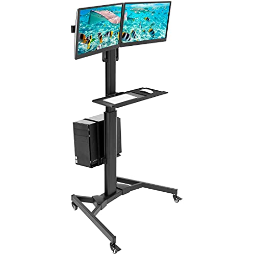 Mount-It! Dual Monitor Computer Cart – Mobile Standing Desk with Wheels, Rolling Workstation with Keyboard Tray, CPU Holder, and Adjustable Screen Mount for Office, Medical, or Warehouse - style: 2 Monitors
