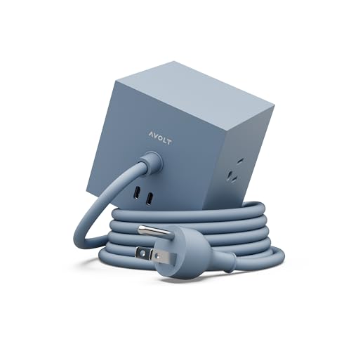 Avolt Square 1 Decorative Power Strip Cube, 3 AC Outlets, Magnetic Desk | Decorative desk power cube with magnetic adhesive mount. USB-C charging extension cord for modern home office and bedside - color: Shark Blue, size: USB C - 5.9ft