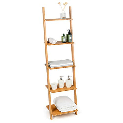 Tangkula Bamboo 5-Tier Ladder Shelf Bookshelf, Wall-Leaning Bookshelf, Plant Flower Stand, Storage Display Shelves for Living Room Bathroom Office, Multifunctional Ladder Bookcase (Natural) - size: 17" x 14" x 65" (L x W x H)