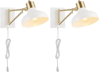 GLOBE Electric 51344 1-Light Plug-in or Hardwire Swing Arm Wall Sconce, White, Brass Accents, White-Cloth Cord, Mounted Bedside Lamp, Kitchen Sconces Wall-Lighting, Bulb Not Included (Pack of 2) - size: 5.75" (Pack of 2)