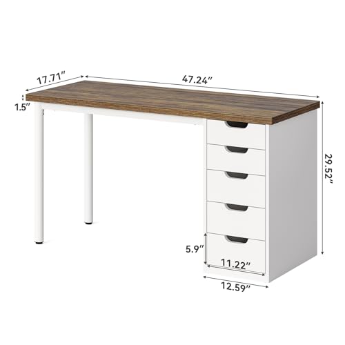 LITTLE TREE Computer Desk with 5 Drawers, 47 Inch Modern Simple Study Writing Desk with Metal Frame, Work Desk for Home Office, Rustic Brown and White - color: Rustic Brown and White