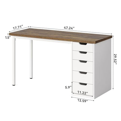 LITTLE TREE Computer Desk with 5 Drawers, 47 Inch Modern Simple Study Writing Desk with Metal Frame, Work Desk for Home Office, Rustic Brown and White - color: Rustic Brown and White