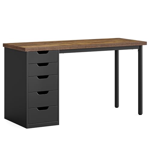 LITTLE TREE Computer Desk with 5 Drawers, 47 Inch Modern Simple Study Writing Desk with Metal Frame, Work Desk for Home Office, Rustic Brown and Black - color: Rustic Brown and Black