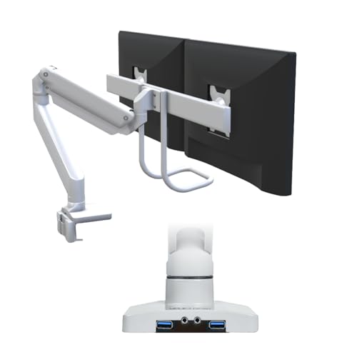 UPLIFT DESK Crestview Align Dual Monitor Arm - Gas Spring Monitor Mount with Adjustment Handle & USB Ports, 13-32” Inch Displays, VESA Compatible, Clamp or Grommet Mounting, Fits Standing (White) - color: White, style: Dual Monitor Arm w/ Wiring Kit