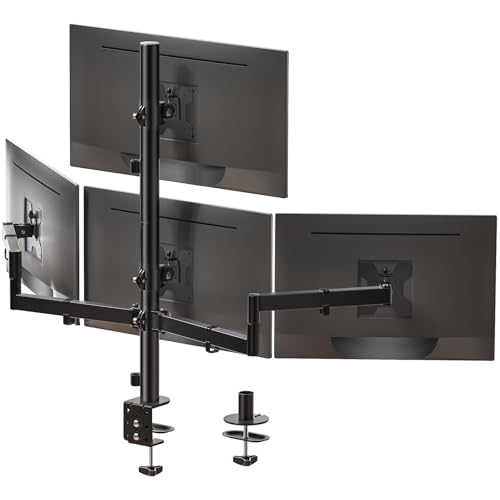 WALI Stacked 4 Monitor Mount for 13-27 inch Screens, up to 22 lbs per Arm | Quad Monitor Stand for Desk, Full Motion with Tilt, Swivel, Rotation, C-Clamp & Grommet Base, VESA 75/100mm (M004S), Black - size: Quad, style: Adjustable