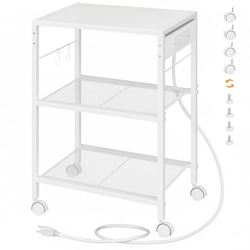 HOOBRO Industrial Printer Stand, 3-Tier Mobile Printer Table, Rolling Cart with Power Outlets and USB Ports, Home Printer Stand with 2 Hooks, for Office, Living Room, White WW22UPS01 - color: White