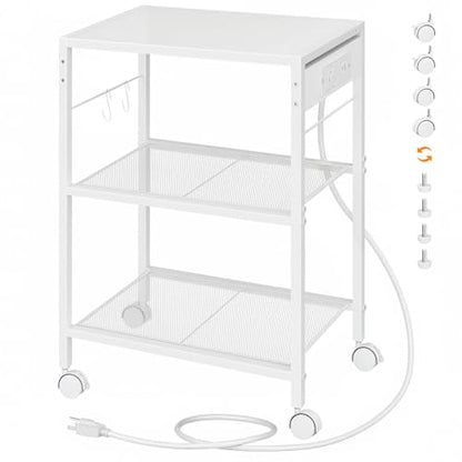 HOOBRO Industrial Printer Stand, 3-Tier Mobile Printer Table, Rolling Cart with Power Outlets and USB Ports, Home Printer Stand with 2 Hooks, for Office, Living Room, White WW22UPS01 - color: White