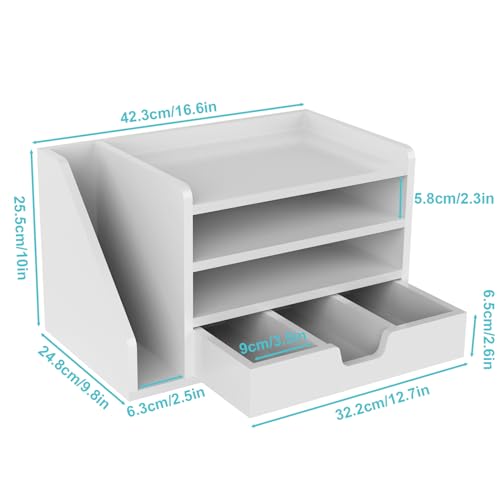 Multi-Tier Wood Desk File Organizer with Side File Rack, 3 Tray Shelves & Adjustable Drawer - Space-Efficient Design Easy to Assemble for Efficient Office Setup, Reduces Desk Clutter (White) - color: White