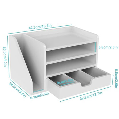 Multi-Tier Wood Desk File Organizer with Side File Rack, 3 Tray Shelves & Adjustable Drawer - Space-Efficient Design Easy to Assemble for Efficient Office Setup, Reduces Desk Clutter (White) - color: White