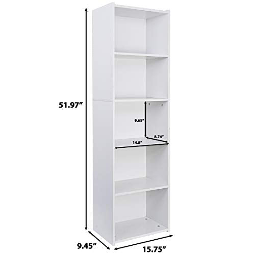 Display Storage Bookcase 5-Tier, Industrial Freestanding Bookshelf for Modern Home Office, Living Room, 52 Inch Open Shelf Rack for Books, Records, Photo Frames and Plants (White)