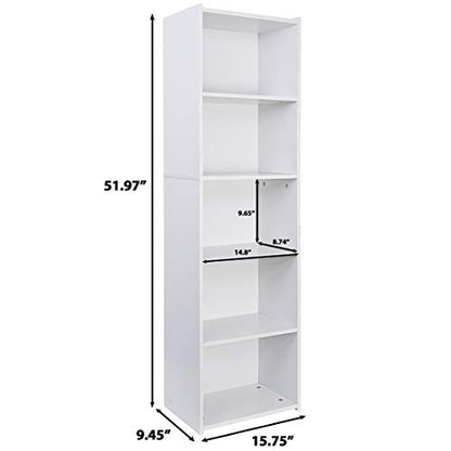 Display Storage Bookcase 5-Tier, Industrial Freestanding Bookshelf for Modern Home Office, Living Room, 52 Inch Open Shelf Rack for Books, Records, Photo Frames and Plants (White)