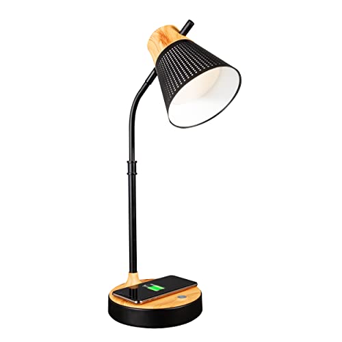 OttLite LED Table Lamp with Wireless Charging and USB, Black with Wood | ClearSun LEDs Reduce Eyestrain | 3 Color Temperature Modes | Movable Pivoting Shade | Extends 21"-25" Tall - color: Brown