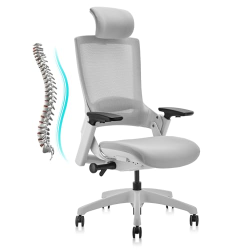 CLATINA Ergonomic High Swivel Executive Chair with Adjustable Height Head 3D Arm Rest Lumbar Support and Upholstered Back for Home Office Gray Mesh/High Back - color: Grey-mesh, size: 1 pack-With headrest