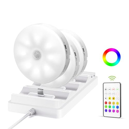 EZVALO Under Cabinet Lighting with Charging Station, 1000mAh Rechargeable Puck Lights with Remote, 3 Color Temps & 12 RGB Closet Lights, Dimmable Motion Sensor Lights for Shelf, Kitchen (3 Packs) - color: White