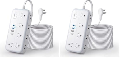 Flat Extension Cord 25 FT, NTONPOWER Long Power Strip, 10 Outlets 4 USB Ports (2 USB C), 3 Side 3 Prong & 2 Prong, Overload Protection, Flat Plug Wall Mount, White, SurgePro (Pack of 2) - size: 25 FT (Pack of 2)