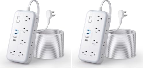 Flat Extension Cord 25 FT, NTONPOWER Long Power Strip, 10 Outlets 4 USB Ports (2 USB C), 3 Side 3 Prong & 2 Prong, Overload Protection, Flat Plug Wall Mount, White, SurgePro (Pack of 2) - size: 25 FT (Pack of 2)