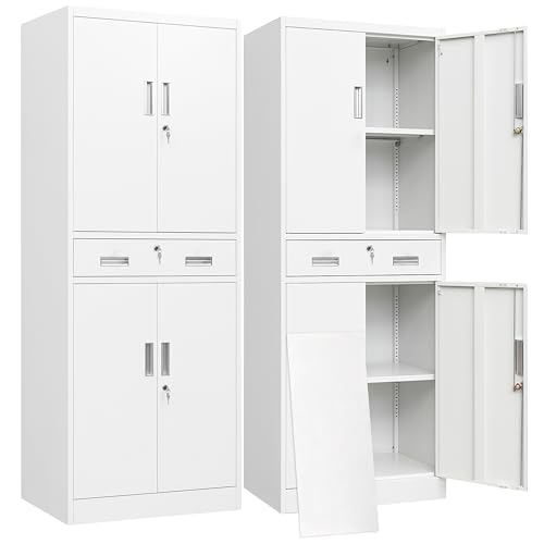 BESFUR Metal Storage Cabinet with a Drawer 4 Doors and 2 Adjustable Shelves Garage Storage Cabinet with Lock 71" Office Storage Cabinets Locking Cabinets for Garage Office Shop Home (White) - color: White, size: 71"H x 28"W x 16"D