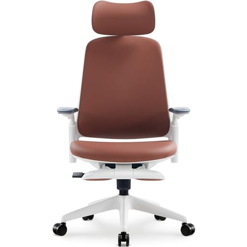 Sunaofe Boss Pro Leather Ergonomic Office Chair with Footrest - Executive Chair, 4D Armrests, Adaptive Lumbar, 125° Recline, 300lb Capacity, 5-Year Warranty White Frame/Dark Brown - color: White Frame/Dark Brown