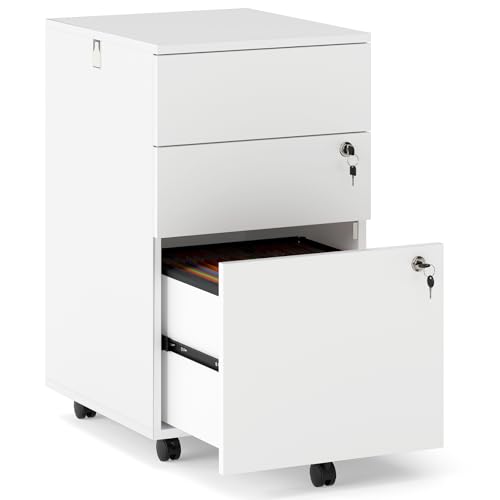 Giantex 3-Drawer File Cabinet with Lock, 27-Inches Storage Cabinet with 2 Side Hooks, Mobile Printer Stand, Wheels, 4 Keys, Vertical Filing Organizer fits Letter/A4 Size for Home Office (White) - color: White