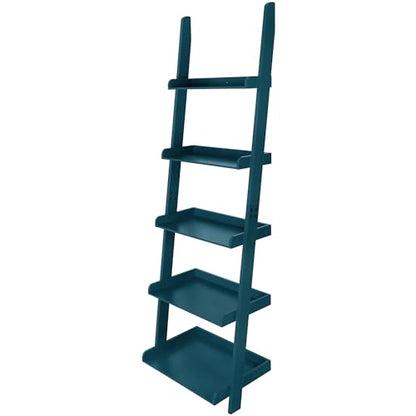 Modern 5 Tier Wall-Leaning Ladder Bookshelf, Blue, 70 Inches | Organizer, Storage Rack - color: Blue