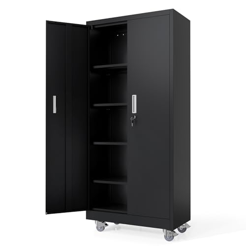 VINGLI Rolling Metal Storage Cabinet with Adjustable Shelves, 71'' Tall Garage Storage Cabinet with Wheels, Locking Tool Cabinets for Home Office Garage Gym School (Black) - color: Black, size: 71'' Rolling Cabinet