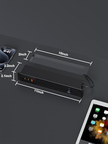 Recessed Power Strip 65W USB-C Fast Charging 3 AC Outlets for Home&Office | Drawer Outlet with 6ft Flat Plug Cable,Desk-Mounted Hidden Electrical Outlet ,Recessed Outlet Black