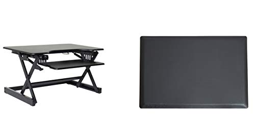 Rocelco 32" Height Adjustable Standing Desk Converter BUNDLE - Sit Stand Computer Workstation Riser with Anti Fatigue Mat - Dual Monitor Retractable Keyboard Tray Gas Spring - Black (R EADRB-MAFM) - color: Black, size: 32", style: Riser+Floor Mat