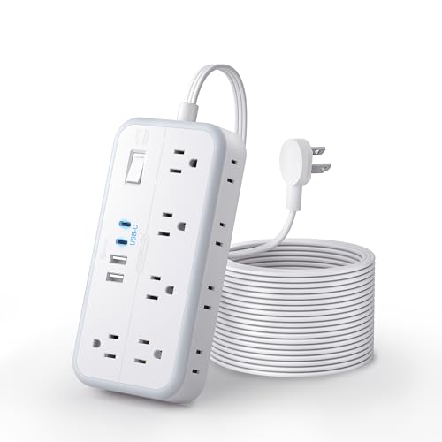 Flat Extension Cord 15 FT, NTONPOWER Long Power Strip with 10 Widely Outlets 4 USB Ports (2 USB C), 3 Side, 2700J, Wall Mount Multiple Outlets for Home Office, White, SurgePro - size: 15 FT