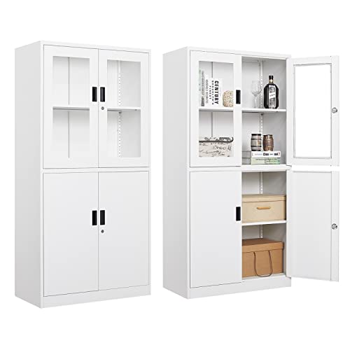 4 Door Display Cabinet with Adjustable Shelves, 71" Tall Display Cabinets with Glass Door, White Metal Display case, Locking Steel Storage Caninet for Home/Office/Living Room -Assembly Required - color: White, size: 71"H - 4 Door
