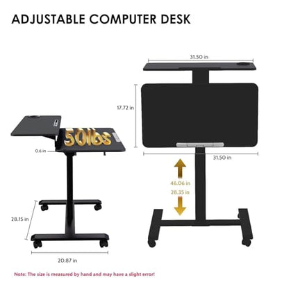 Pneumatic Standing Desk with Wheels - Adjustable Height 28" - 46" & 0-90° Tilt, 31.5" x 17.7" Skin-Feel Desktop, Rolling Computer Desk for Home Office, Hospital, School (Black) - color: Black