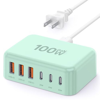 USB Fast Charger Block 50% Smaller 100W Max 6-Port GaN USB Charging Station - color: Light Green, size: 100W