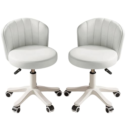 Small Round Rolling Desk Chair Armless Comfy Vanity Computer Chair with Low Backrest PU Leather Height Adjustable Swivel Work Spa Chair - color: White, style: Set of 2 with backrest