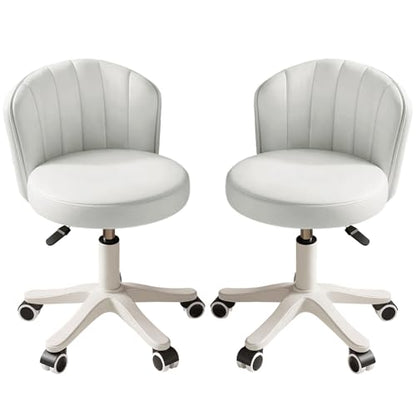 Small Round Rolling Desk Chair Armless Comfy Vanity Computer Chair with Low Backrest PU Leather Height Adjustable Swivel Work Spa Chair - color: White, style: Set of 2 with backrest