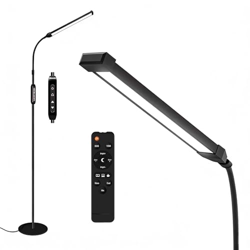 15W LED Floor Lamp with Stepless Adjustable 3000K-6000K Colors and Dimmer, LEDs Lash Lamp Tattoo Light Makeup Light, 360° Gooseneck Standing Light for Living Room, Bedroom, Office (Remote & Touch)
