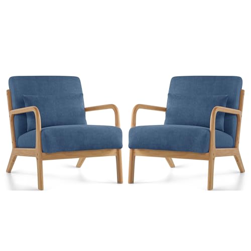 Mid Century Modern Accent Chair Set of 2, Upholstered Chair for Living Room, Accent Chair with Lumbar Pillow Solid Wood Frame Reading Chair Armchair for Bedroom Small Spaces, Blue - color: Blue