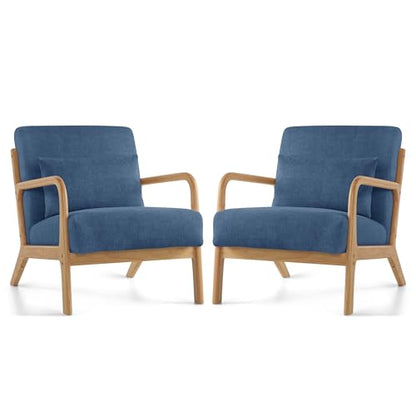 Mid Century Modern Accent Chair Set of 2, Upholstered Chair for Living Room, Accent Chair with Lumbar Pillow Solid Wood Frame Reading Chair Armchair for Bedroom Small Spaces, Blue - color: Blue