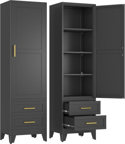 Metal Tall Narrow Storage Cabinet,Freestanding Floor Cabinet with 2 Drawers and 3 Adjustable Shelves,Pantry Storage Cabinets for Bathroom,Living Room,Entryway and Kitchen,Black - color: Black, size: 67H-two draws